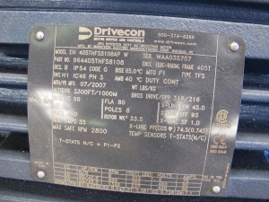 MOTOR, ELECTRIC TYPE, 60 HORSEPOWER, 460/3/60 ELEC RATING, 900 RPM, 405T FRAME, 80 AMPS, TEBC ENCLOSURE, INVERTER, PREMIUM SEVIRE DUTY, 1.0 SERVICE FACTOR. ACCESSORY HOIST, CLASS H INSUL, 435 AMPLR, RADIAL BLOWER, LAKESHORE SL56 ENCODER 1024PPR, 110V/126W HEATER. NEMA4 DISK BRAKE, 1400LB 86,000 SERIES460/1/60 W/HEATER, CLASS H. PART # 405THFS8108 (W-44) LOADING & HANDLING FEE $15-